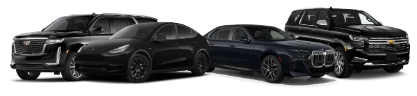 A lineup of four luxury vehicles including a Cadillac SUV, Tesla Model Y, BMW sedan, and Chevy Suburban.