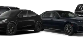A lineup of four luxury vehicles including a Cadillac SUV, Tesla Model Y, BMW sedan, and Chevy Suburban.