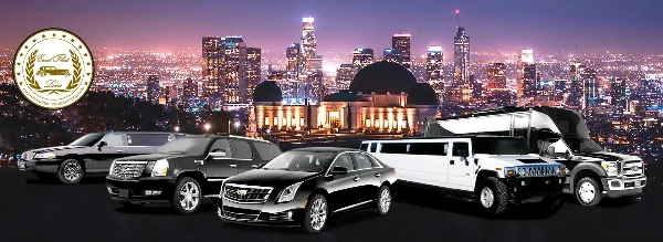 A lineup of Excel Fleet Inc's vehicles, including stretch limousines, luxury sedans, and a party bus, set against a city skyline.
