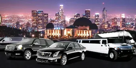 A lineup of Excel Fleet Inc's vehicles, including stretch limousines, luxury sedans, and a party bus, set against a city skyline.