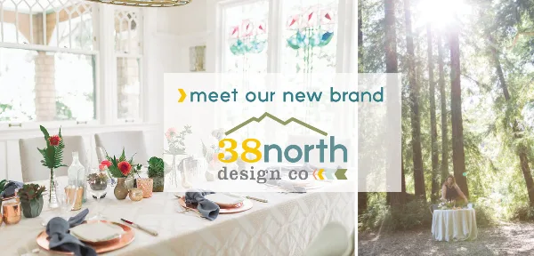 A professionally styled event table with floral centerpieces and a white tablecloth in a bright room, with a '38north design co' logo overlay.