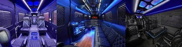 Interior of a luxury limousine or shuttle van featuring leather seating, ambient blue lighting, and a bar area.