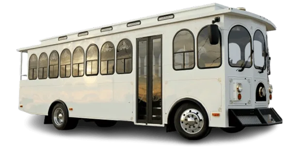 A white, multi-windowed passenger trolley bus.