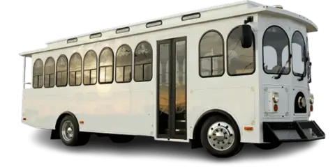 A white, multi-windowed passenger trolley bus.