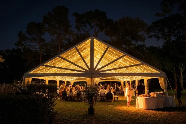 A large white event tent illuminated with string lights at night, set up for a reception with tables and guests.