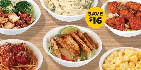 An assortment of prepared food bowls including pasta, chicken, and mac and cheese, representing catering options.