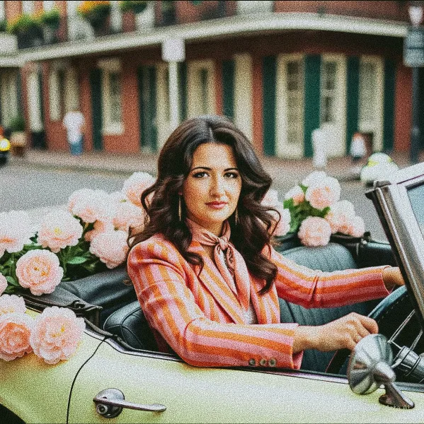 A woman in a pink striped blazer sitting in a vintage convertible car decorated with large pink floral arrangements.