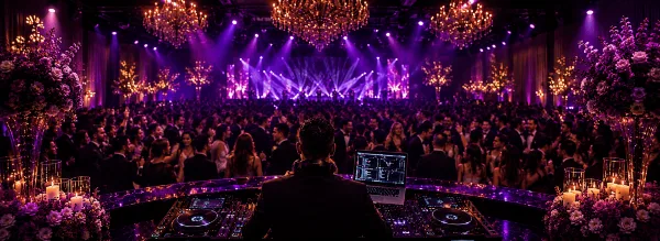 A professional DJ at a mixing console facing a large, crowded event venue with vibrant purple lighting and a full dance floor.