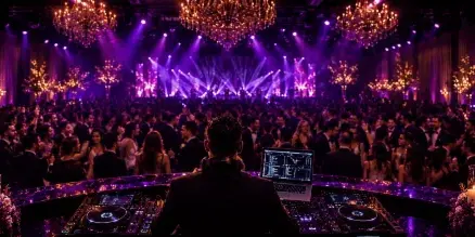 A professional DJ at a mixing console facing a large, crowded event venue with vibrant purple lighting and a full dance floor.