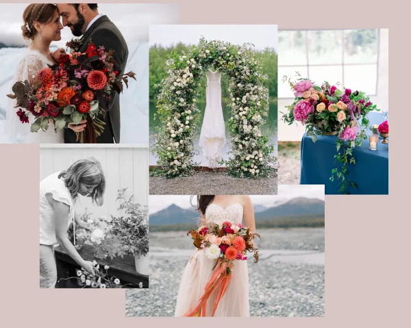 A collage of wedding floral arrangements including a bridal bouquet, a floral arch, and a table centerpiece.