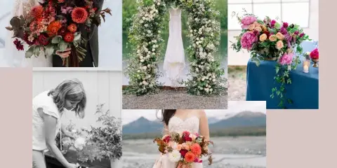 A collage of wedding floral arrangements including a bridal bouquet, a floral arch, and a table centerpiece.