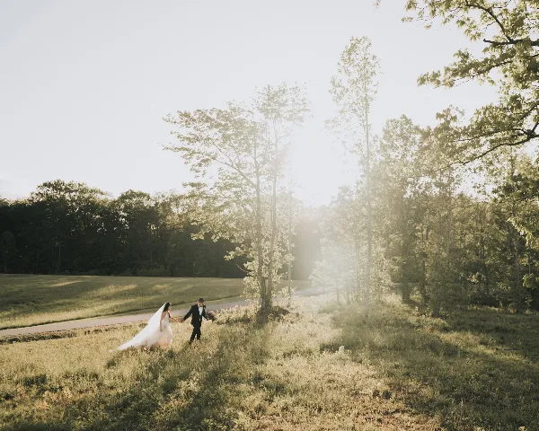 A bride and groom walking hand-in-hand through a sunlit grassy field with trees in the background.