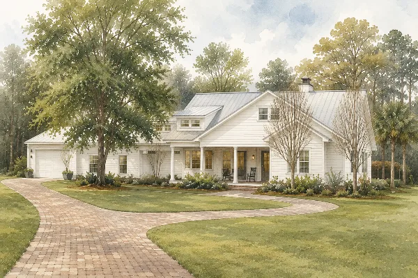 A watercolor illustration of a large white house with a metal roof, surrounded by green lawns, trees, and a brick driveway.