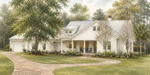 A watercolor illustration of a large white house with a metal roof, surrounded by green lawns, trees, and a brick driveway.