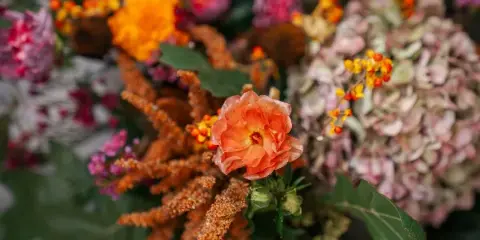 Close-up of a vibrant floral arrangement with orange and pink flowers and greenery