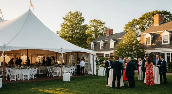 A large white event tent set up on a lawn with tables, chairs, and guests, representing a wedding or event rental setup.