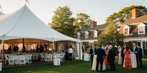A large white event tent set up on a lawn with tables, chairs, and guests, representing a wedding or event rental setup.