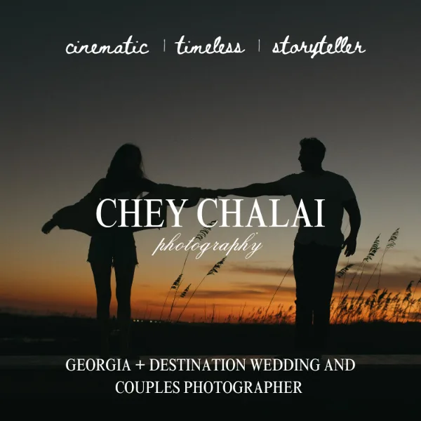 Silhouette of a couple holding hands at sunset with text overlay reading 'CHEY CHALAI photography' and 'Georgia + Destination Wedding and Couples Photographer'.