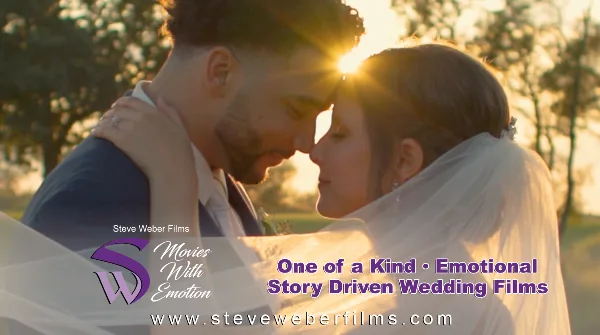A cinematic photograph of a bride and groom in an intimate embrace during golden hour, featuring the Steve Weber Films logo and text overlay.