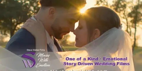 A cinematic photograph of a bride and groom in an intimate embrace during golden hour, featuring the Steve Weber Films logo and text overlay.
