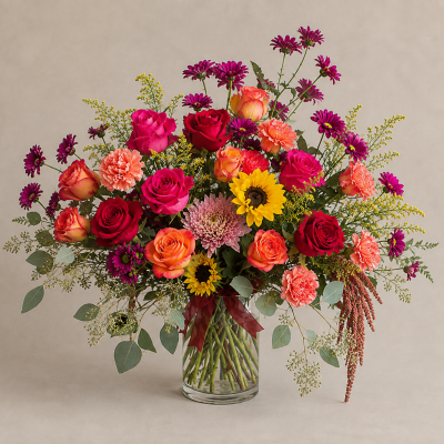A colorful floral bouquet arrangement containing red and orange roses, sunflowers, and purple daisies in a clear glass vase.