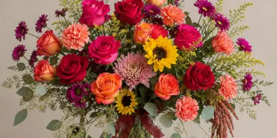 A colorful floral bouquet arrangement containing red and orange roses, sunflowers, and purple daisies in a clear glass vase.
