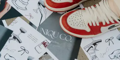 A close-up of Uniqu Co. Events branded stationery, a portfolio collage, and red and white sneakers.