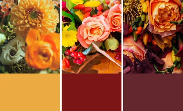 Close-up photograph of autumn floral arrangements featuring peach roses, yellow dahlias, and red berries.