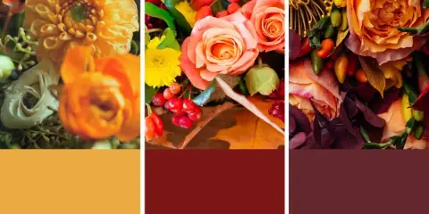 Close-up photograph of autumn floral arrangements featuring peach roses, yellow dahlias, and red berries.