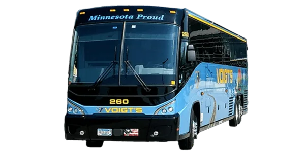 A blue and black Voigt's charter bus with 'Minnesota Proud' on the front.