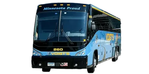 A blue and black Voigt's charter bus with 'Minnesota Proud' on the front.