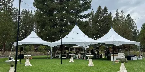 An outdoor event setup featuring three white peaked tents, string lights, and draped tables on a grassy lawn.