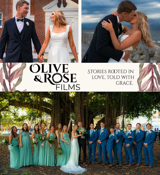 A collage of wedding photos showing a bride and groom holding hands, sharing a kiss, and posing with their wedding party under a tree.