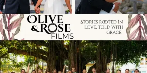 A collage of wedding photos showing a bride and groom holding hands, sharing a kiss, and posing with their wedding party under a tree.