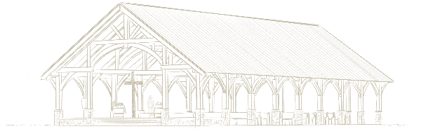Line drawing of a rustic timber-frame wedding pavilion with a steep roof and open arches.