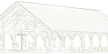 Line drawing of a rustic timber-frame wedding pavilion with a steep roof and open arches.