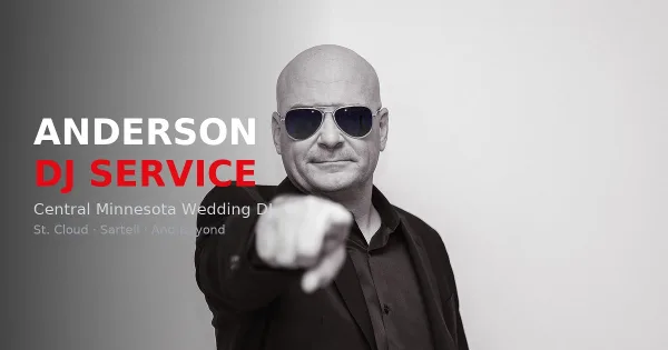 Portrait of a bald man wearing sunglasses and a black shirt, pointing forward, with the text 'ANDERSON DJ SERVICE' and 'Central Minnesota Wedding DJ' overlaid.