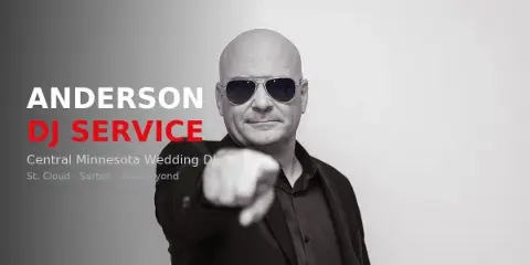 Portrait of a bald man wearing sunglasses and a black shirt, pointing forward, with the text 'ANDERSON DJ SERVICE' and 'Central Minnesota Wedding DJ' overlaid.