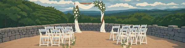 Illustration of an outdoor wedding ceremony setup with a floral arch and white chairs on a stone terrace overlooking a forested hillside.