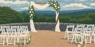 Illustration of an outdoor wedding ceremony setup with a floral arch and white chairs on a stone terrace overlooking a forested hillside.