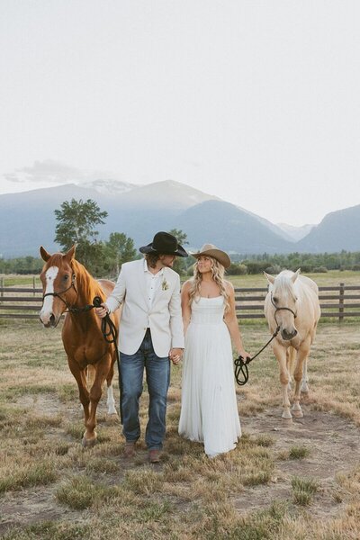 A bride and groom walking with two horses in a Montana field with mountains in the background.