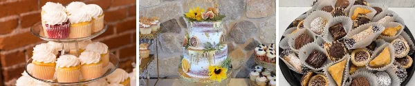 A collage featuring a decorated three-tier wedding cake with floral accents, a stand of frosted cupcakes, and a tray of assorted baked goods.