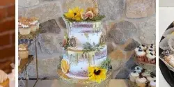 A collage featuring a decorated three-tier wedding cake with floral accents, a stand of frosted cupcakes, and a tray of assorted baked goods.