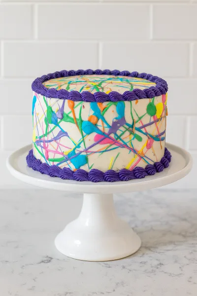 A round white cake with colorful abstract icing splatters and purple piped borders, displayed on a white cake stand.