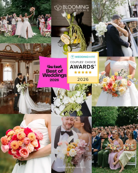 A collage of wedding photos showcasing various floral arrangements, bridal bouquets, and venue decorations by Blooming Blossoms.