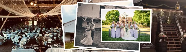 A collage showing the interior of a rustic barn venue with set tables, the exterior of the barn, and a bride with her bridesmaids.