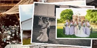 A collage showing the interior of a rustic barn venue with set tables, the exterior of the barn, and a bride with her bridesmaids.