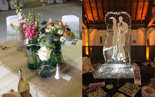 A split image showing a catering table with floral centerpieces and a large ice sculpture of a dancing couple next to a sushi platter.