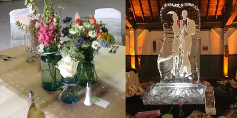 A split image showing a catering table with floral centerpieces and a large ice sculpture of a dancing couple next to a sushi platter.