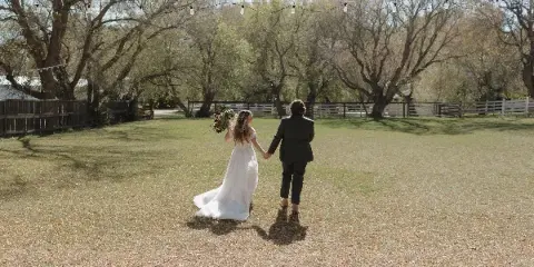 A bride and groom holding hands and walking away from the camera in a grassy field with trees and string lights in the background.